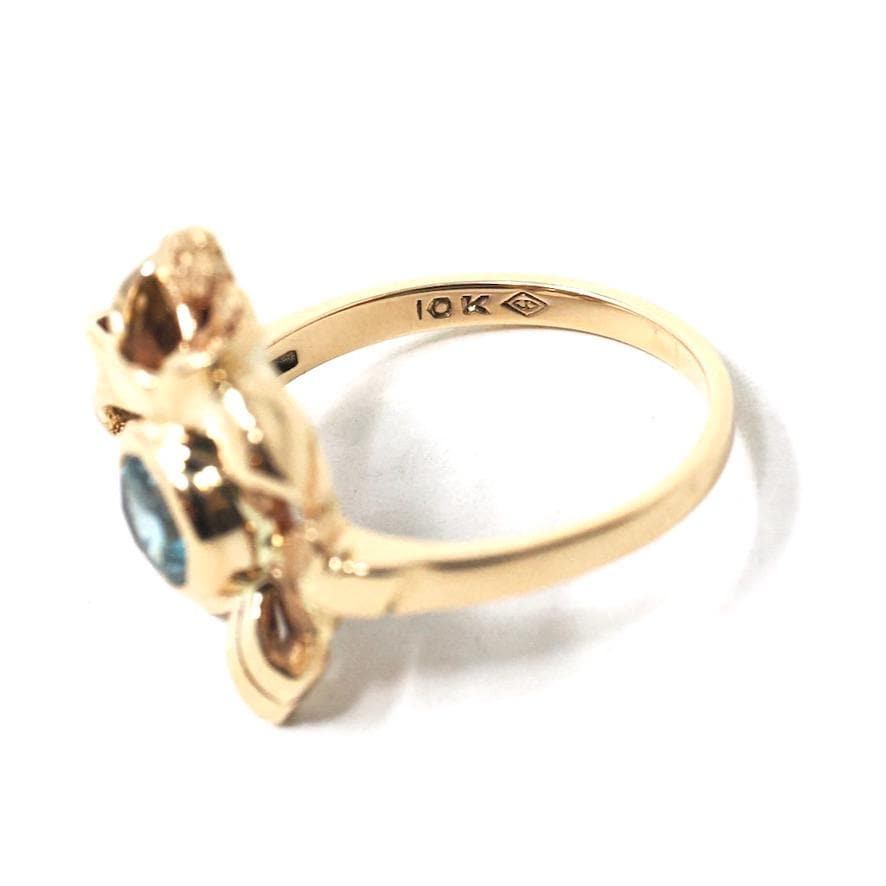 Vintage Zircon Ring - Mid Century 10k Yellow Gold Round Faceted Natural Blue 1.13 CT Gem - Circa 1940s Era Size 5 3/4 Flowers Fine Jewelry