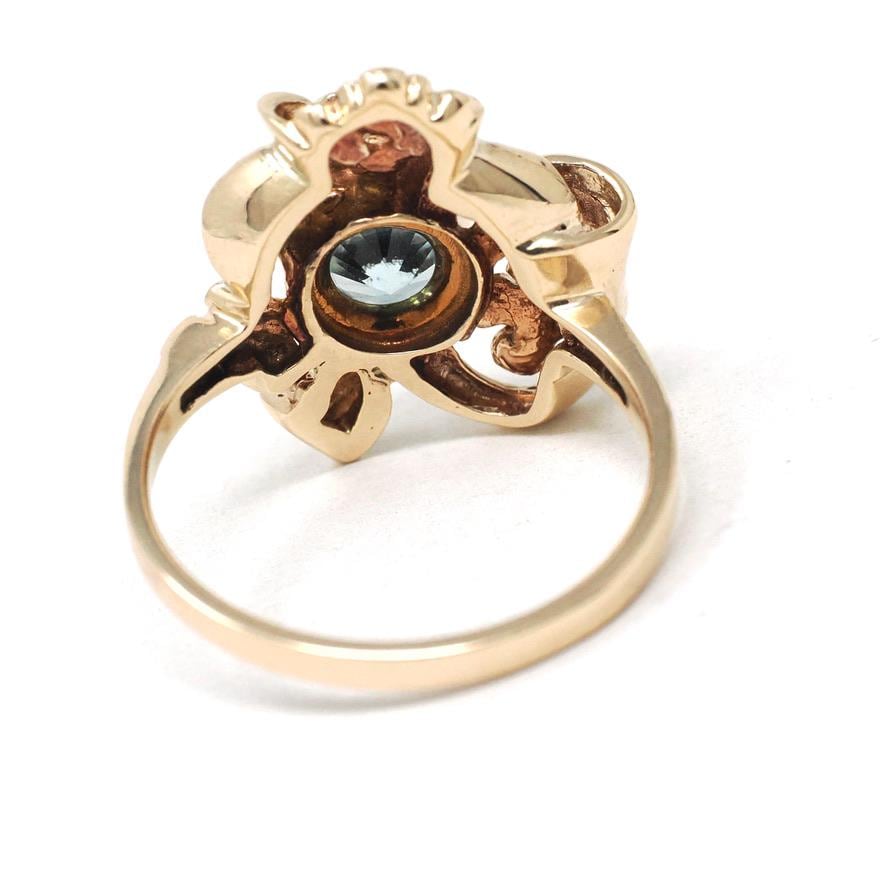 Vintage Zircon Ring - Mid Century 10k Yellow Gold Round Faceted Natural Blue 1.13 CT Gem - Circa 1940s Era Size 5 3/4 Flowers Fine Jewelry