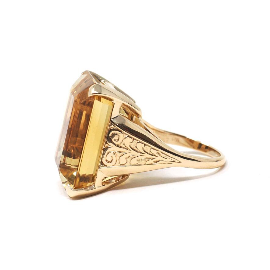 Vintage Citrine Ring - Retro 14k Yellow Gold Emerald Cut Natural Orange Yellow Gemstone Statement - Circa 1970s Era Size 7 1/2 Fine Jewelry