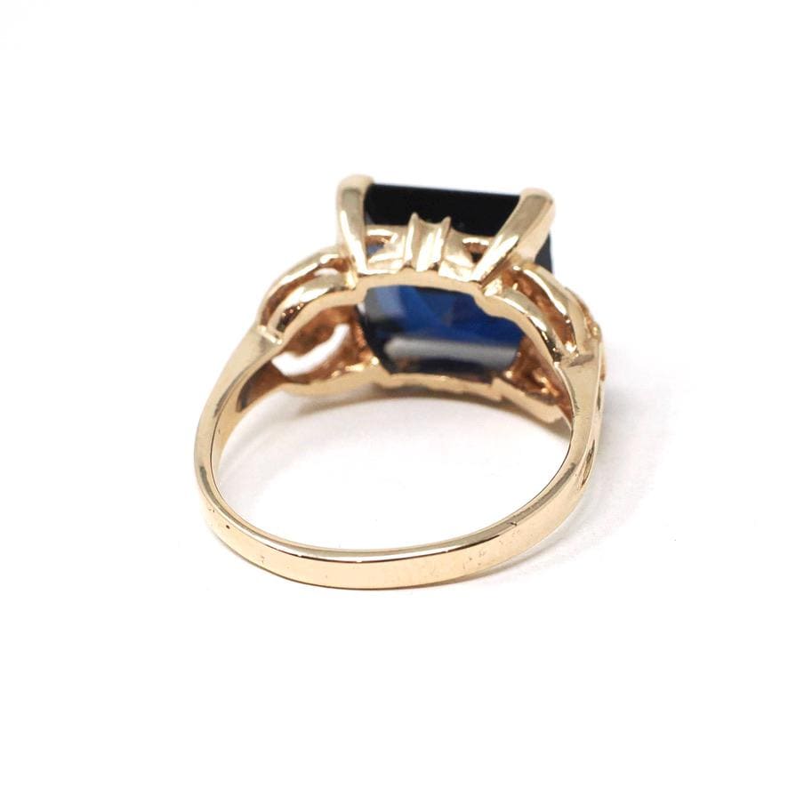 Vintage Created Sapphire Ring - Mid Century 10k Yellow Gold French Cut Square Blue Stone Solitaire - Circa 1940s Era Size 6 1/2 Fine Jewelry