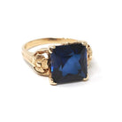 Vintage Created Sapphire Ring - Mid Century 10k Yellow Gold French Cut Square Blue Stone Solitaire - Circa 1940s Era Size 6 1/2 Fine Jewelry