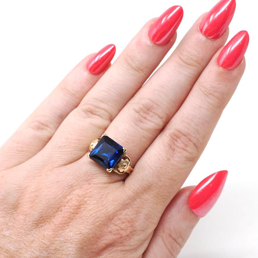 Vintage Created Sapphire Ring - Mid Century 10k Yellow Gold French Cut Square Blue Stone Solitaire - Circa 1940s Era Size 6 1/2 Fine Jewelry