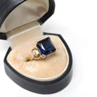 Vintage Created Sapphire Ring - Mid Century 10k Yellow Gold French Cut Square Blue Stone Solitaire - Circa 1940s Era Size 6 1/2 Fine Jewelry