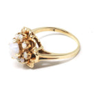 Opal Flower Ring - Modernist Era 10k Yellow Gold Natural Gemstone Cluster Halo - Circa 1970s Size 7 Floral Fine October Birthstone Jewelry