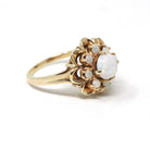 Opal Flower Ring - Modernist Era 10k Yellow Gold Natural Gemstone Cluster Halo - Circa 1970s Size 7 Floral Fine October Birthstone Jewelry