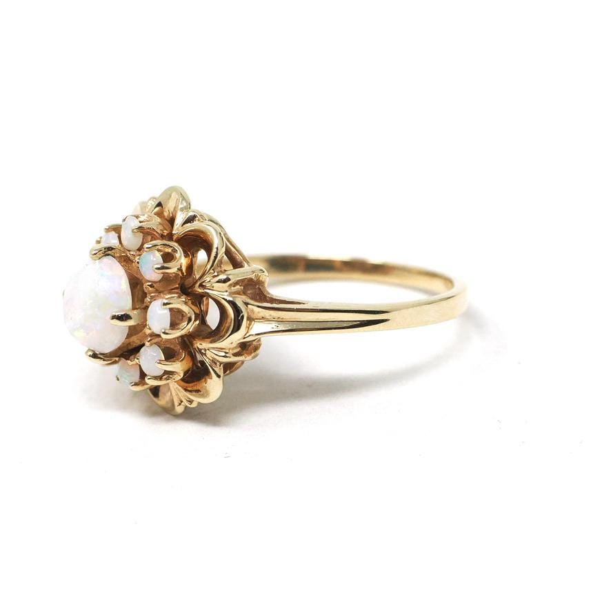 Opal Flower Ring - Modernist Era 10k Yellow Gold Natural Gemstone Cluster Halo - Circa 1970s Size 7 Floral Fine October Birthstone Jewelry