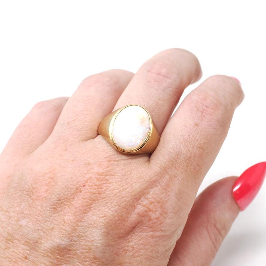 Modern Opal Ring - Estate 14k Yellow Gold Natural Oval Cabochon Gemstone Signet - Circa 2000s Era Size 9 1/2 Fine October Birthstone Jewelry