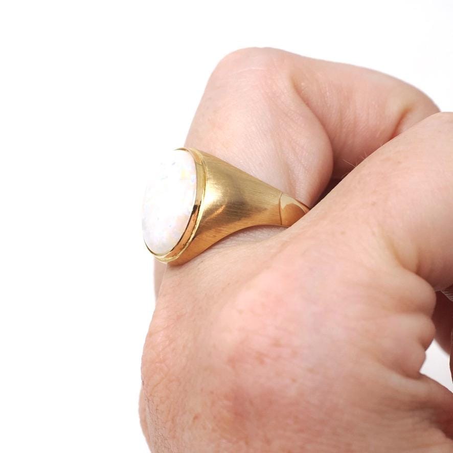 Modern Opal Ring - Estate 14k Yellow Gold Natural Oval Cabochon Gemstone Signet - Circa 2000s Era Size 9 1/2 Fine October Birthstone Jewelry