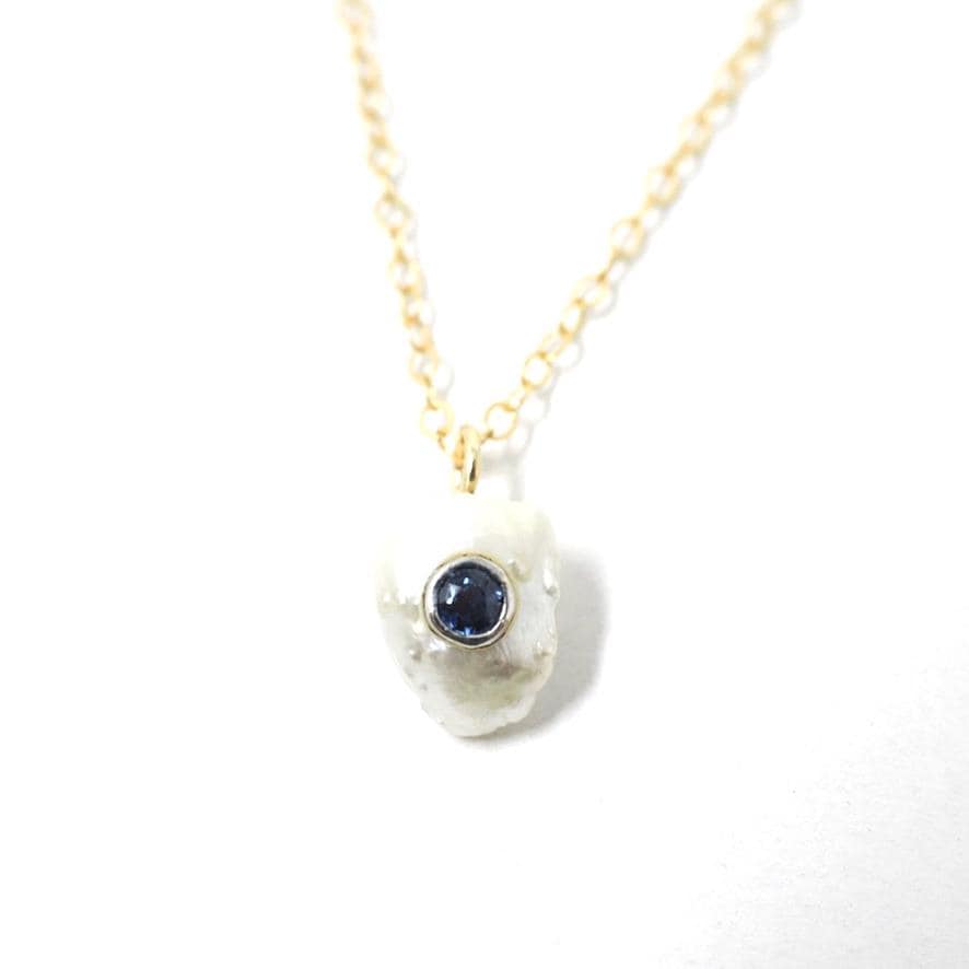 Pearl & Sapphire Charm Necklace - Antique 14k Yellow Gold Freshwater Cultured Pearl Stick Pin Conversion Pendant - Circa 1900s Fine Jewelry