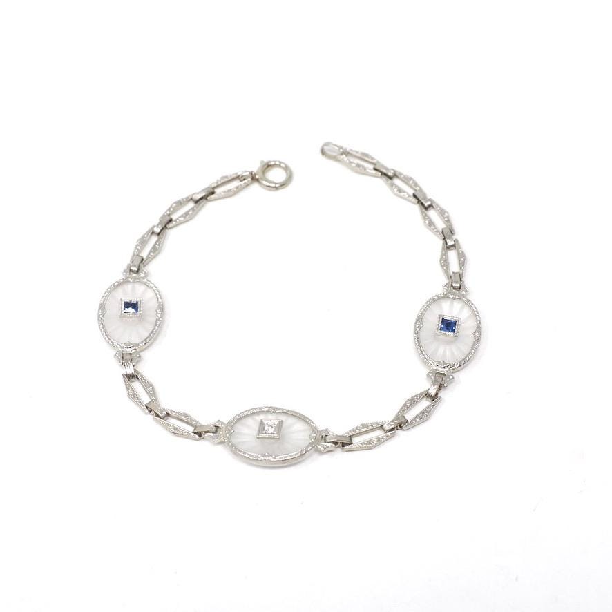 Rock Crystal Quartz Bracelet - Art Deco 14k White Gold Natural Diamond & Sapphire Accents - Circa 1930s Era Filigree Fine Panel Link Jewelry