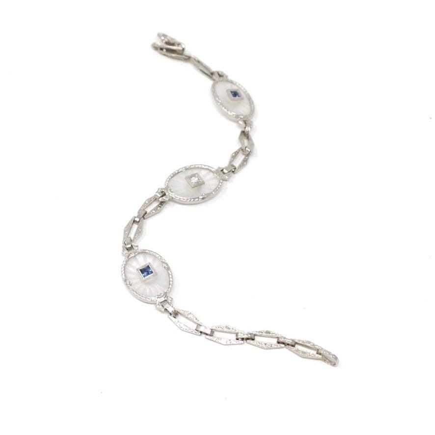 Rock Crystal Quartz Bracelet - Art Deco 14k White Gold Natural Diamond & Sapphire Accents - Circa 1930s Era Filigree Fine Panel Link Jewelry