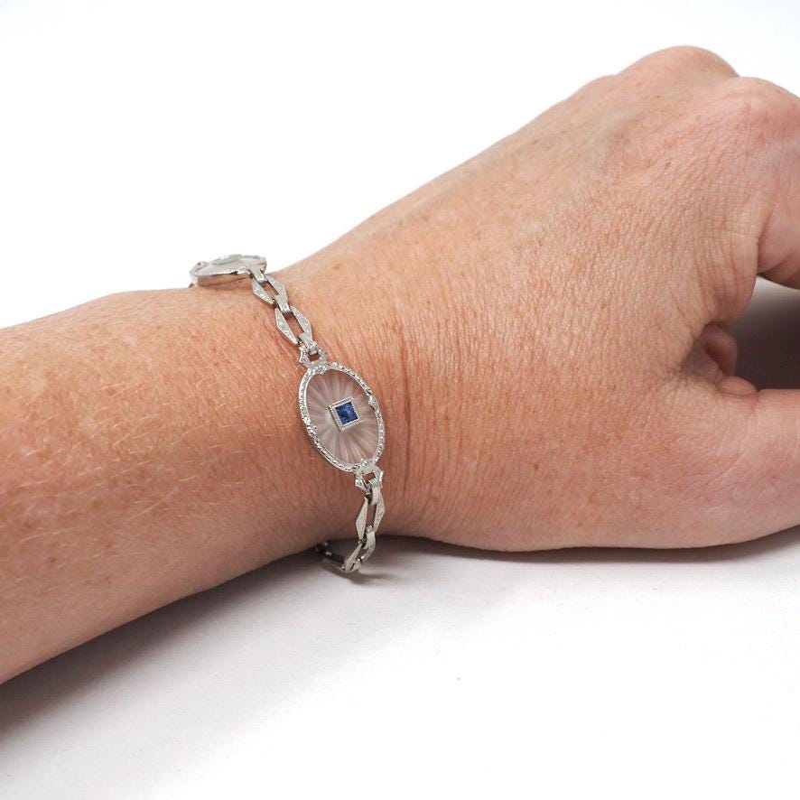 Rock Crystal Quartz Bracelet - Art Deco 14k White Gold Natural Diamond & Sapphire Accents - Circa 1930s Era Filigree Fine Panel Link Jewelry