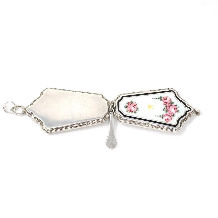 Antique Flower Locket - Art Deco Sterling Silver Floral & Bird Guilloche Enamel Necklace Pendant - Circa 1920s Rose Tassel Keepsake Jewelry