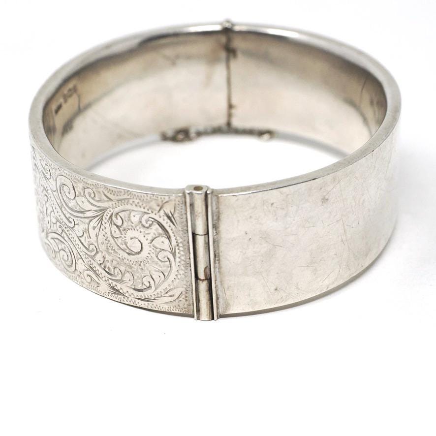 Antique Floral Bangle - Art Deco Sterling Silver Engraved Nature Leaf Designs - Hallmarked 1938 Wide Stacking Hinged Birmingham Jewelry