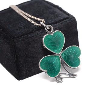 Vintage Shamrock Necklace - Mid Century Sterling Silver Green Enamel Clover Pendant - Circa 1940s Three Leaf Wood Sorrel Good Luck Jewelry