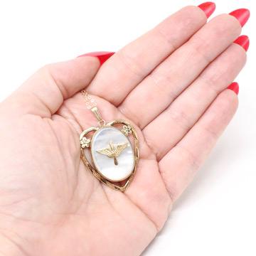 Vintage Aviation Locket - Mid Century Gold Filled Over Sterling Prop & Wings Heart Flower Necklace - Circa 1940s Era Mother Of Pearl Jewelry