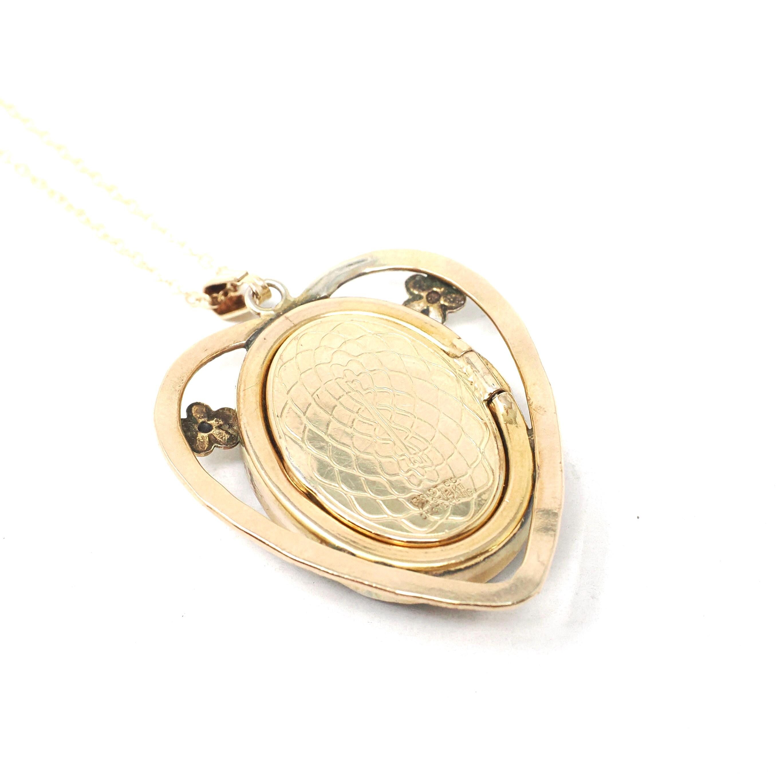 Vintage Aviation Locket - Mid Century Gold Filled Over Sterling Prop & Wings Heart Flower Necklace - Circa 1940s Era Mother Of Pearl Jewelry