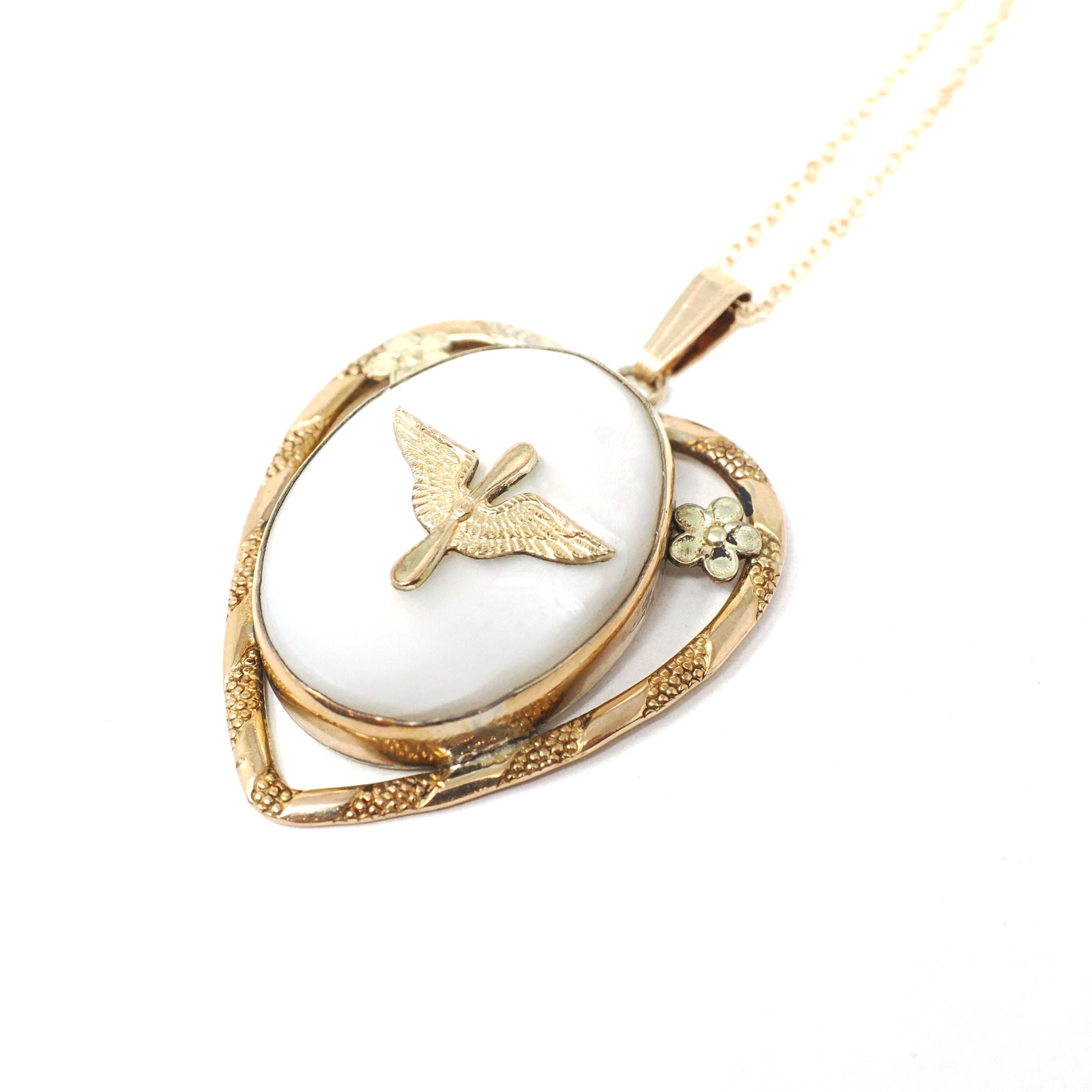 Vintage Aviation Locket - Mid Century Gold Filled Over Sterling Prop & Wings Heart Flower Necklace - Circa 1940s Era Mother Of Pearl Jewelry