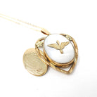 Vintage Aviation Locket - Mid Century Gold Filled Over Sterling Prop & Wings Heart Flower Necklace - Circa 1940s Era Mother Of Pearl Jewelry