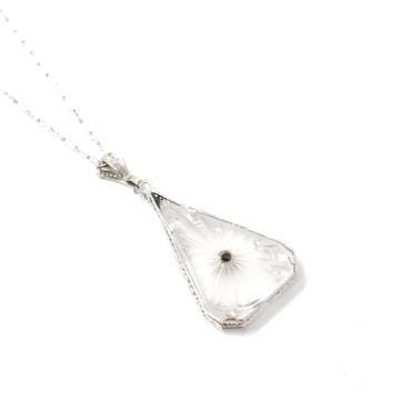 Rock Crystal Quartz Necklace - Art Deco 14k White Gold Oval Natural Diamond Pendant - Antique Circa 1930s Statement Filigree Fine Jewelry