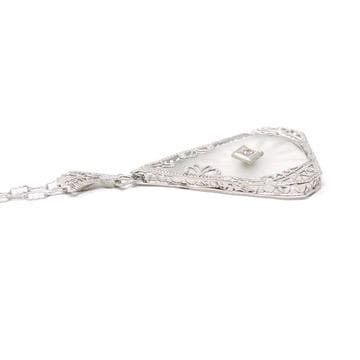 Rock Crystal Quartz Necklace - Art Deco 14k White Gold Oval Natural Diamond Pendant - Antique Circa 1930s Statement Filigree Fine Jewelry