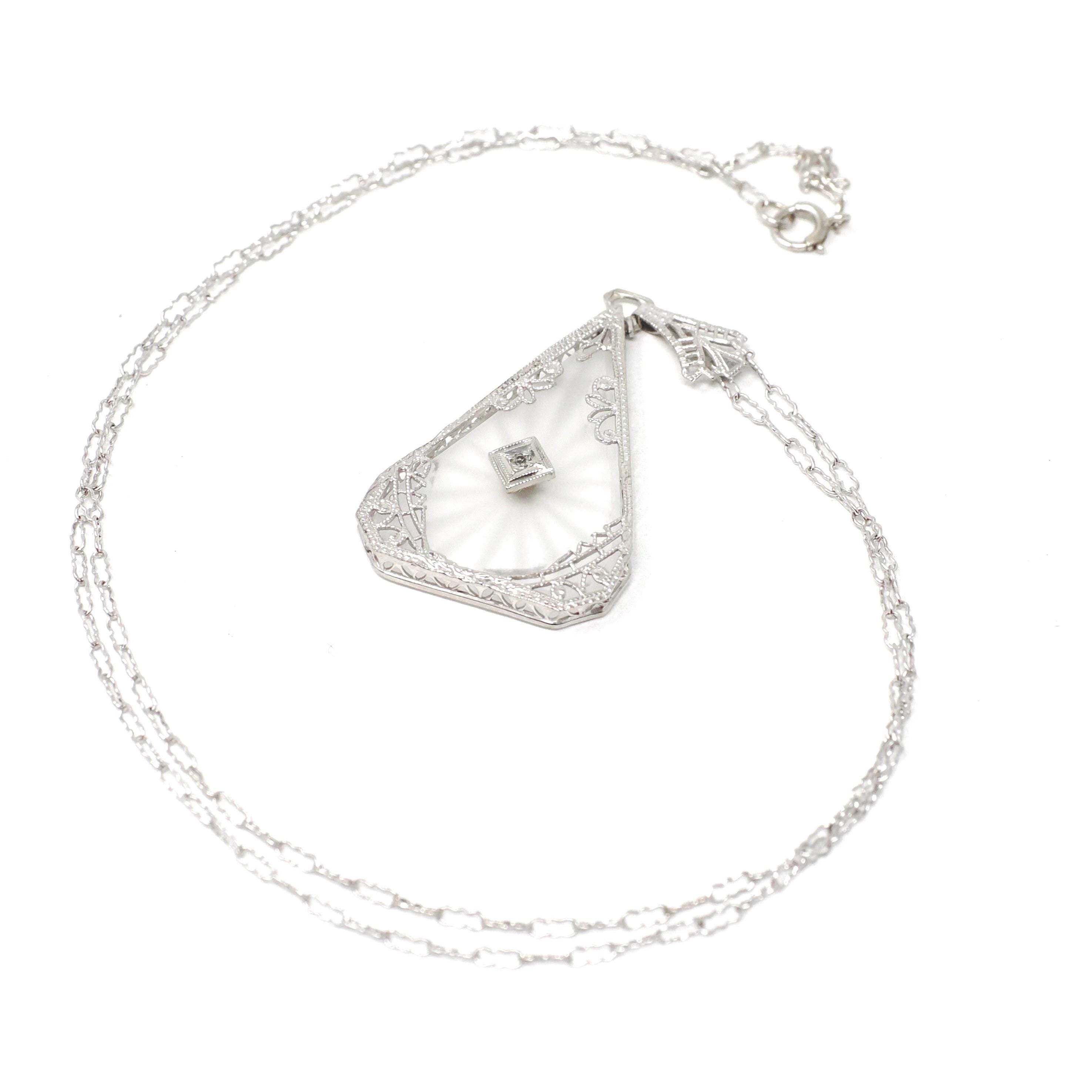 Rock Crystal Quartz Necklace - Art Deco 14k White Gold Oval Natural Diamond Pendant - Antique Circa 1930s Statement Filigree Fine Jewelry