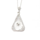Rock Crystal Quartz Necklace - Art Deco 14k White Gold Oval Natural Diamond Pendant - Antique Circa 1930s Statement Filigree Fine Jewelry