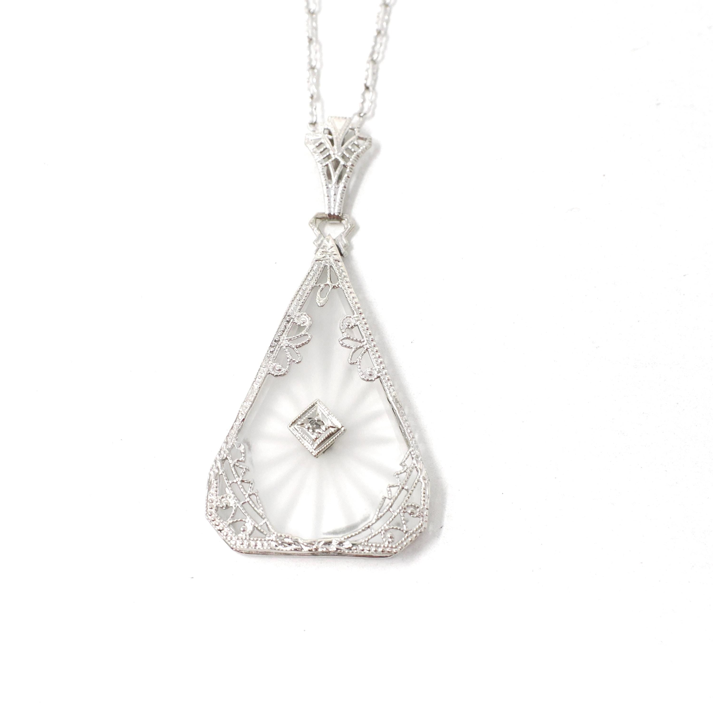 Rock Crystal Quartz Necklace - Art Deco 14k White Gold Oval Natural Diamond Pendant - Antique Circa 1930s Statement Filigree Fine Jewelry