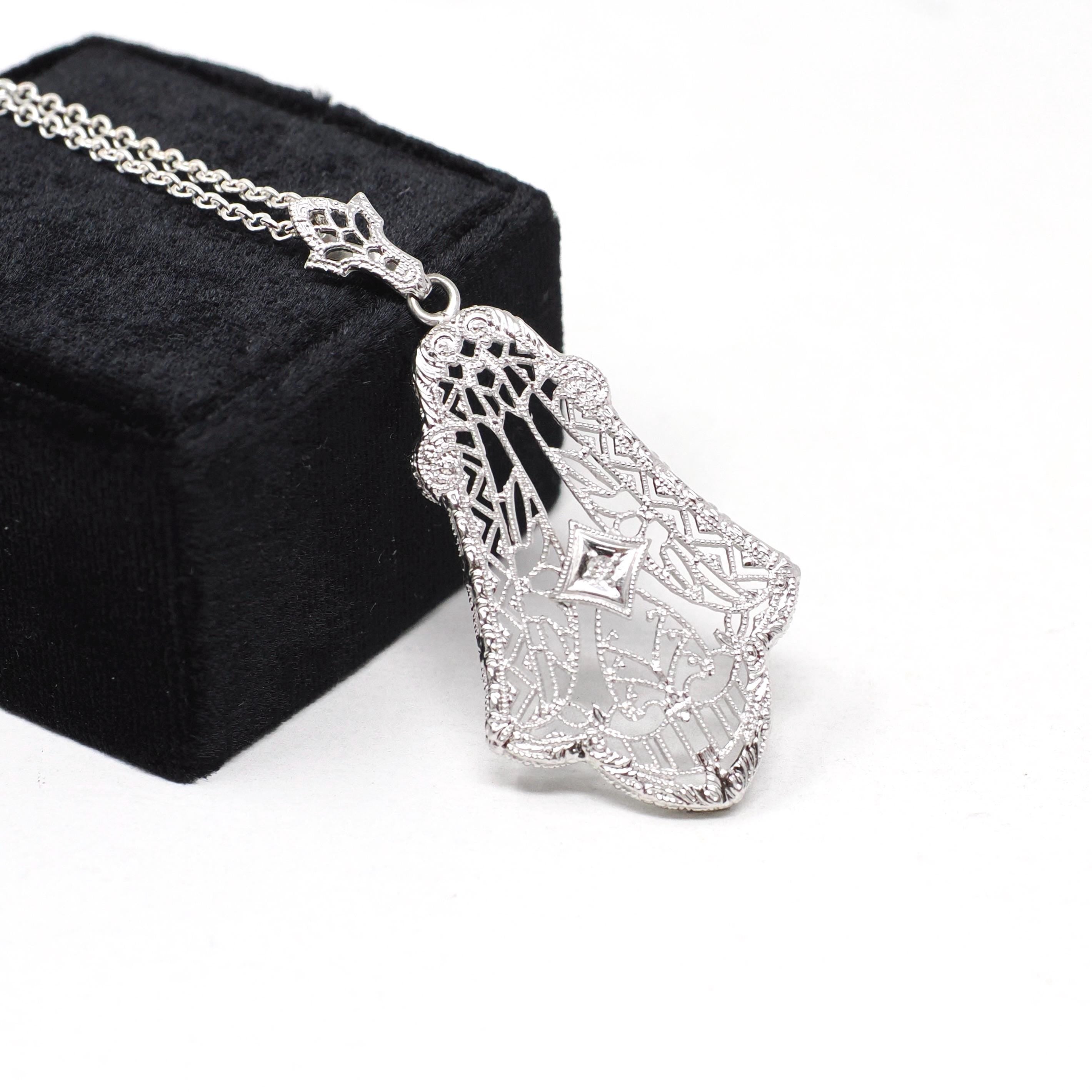 Art Deco Necklace - Vintage 10k White Gold .07 CT Diamond Lavalier Necklace - Circa 1930s Era Lacy Filigree Statement Fine Esemco Jewelry
