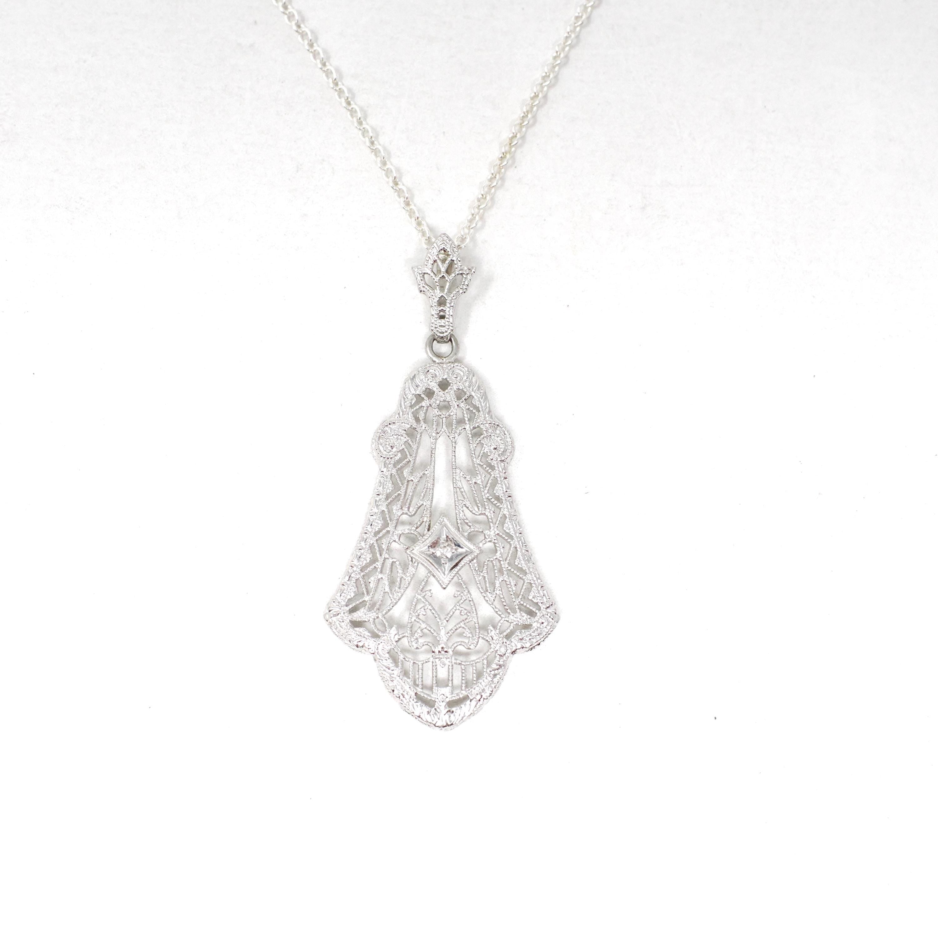 Art Deco Necklace - Vintage 10k White Gold .07 CT Diamond Lavalier Necklace - Circa 1930s Era Lacy Filigree Statement Fine Esemco Jewelry