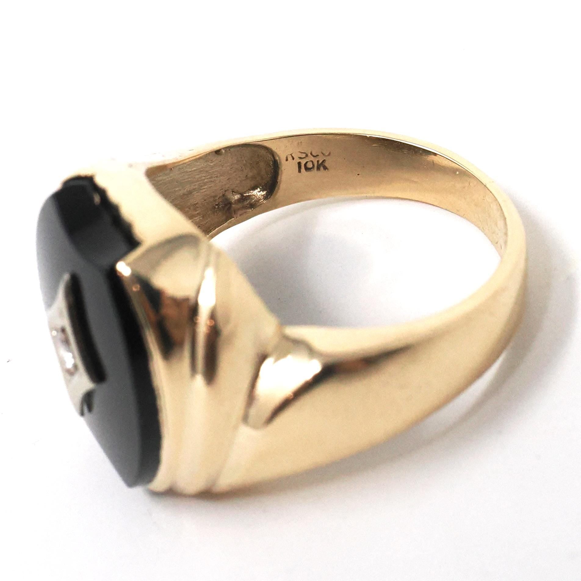 Vintage Onyx Ring - Mid Century 10k Yellow Gold Black Chalcedony Gemstone & Diamond Statement - Circa 1950s Era Size 8 1/2 Fine 50s Jewelry