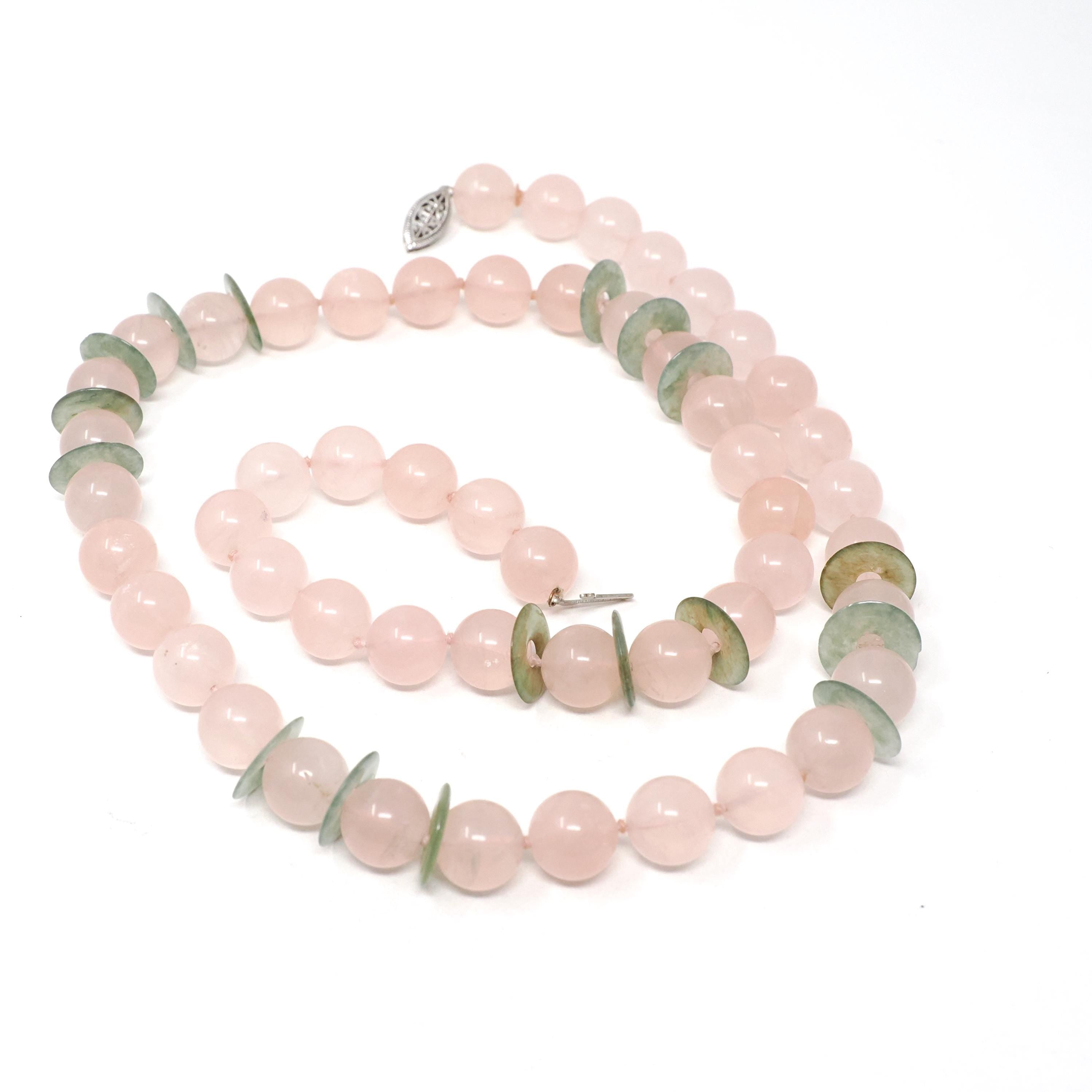 Rose Quartz & Jade Necklace - Mid Century Era Sterling Silver Tumbled Pink Bead And Green Disc Knotted Strand - Circa 1950s Fashion Jewelry