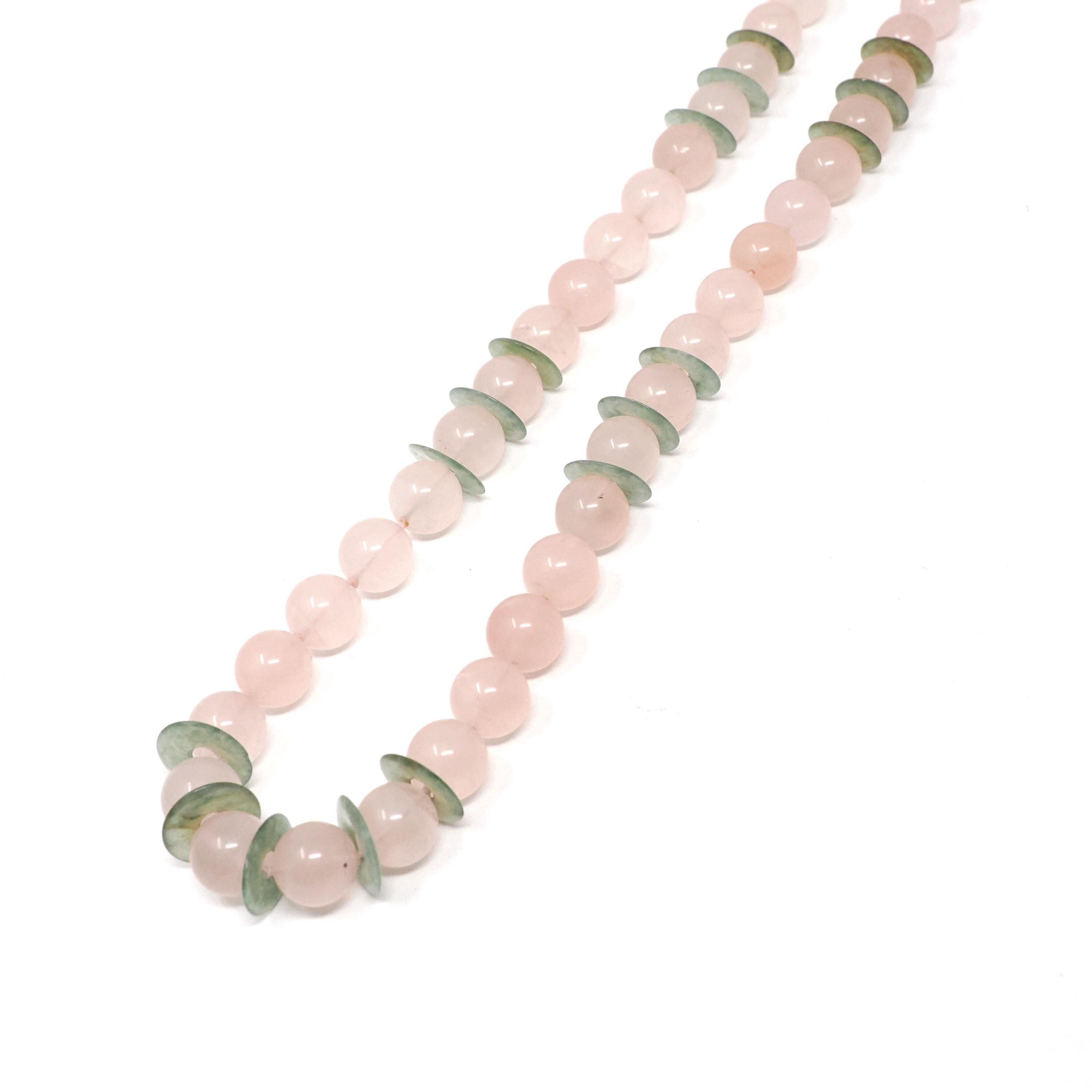 Rose Quartz & Jade Necklace - Mid Century Era Sterling Silver Tumbled Pink Bead And Green Disc Knotted Strand - Circa 1950s Fashion Jewelry