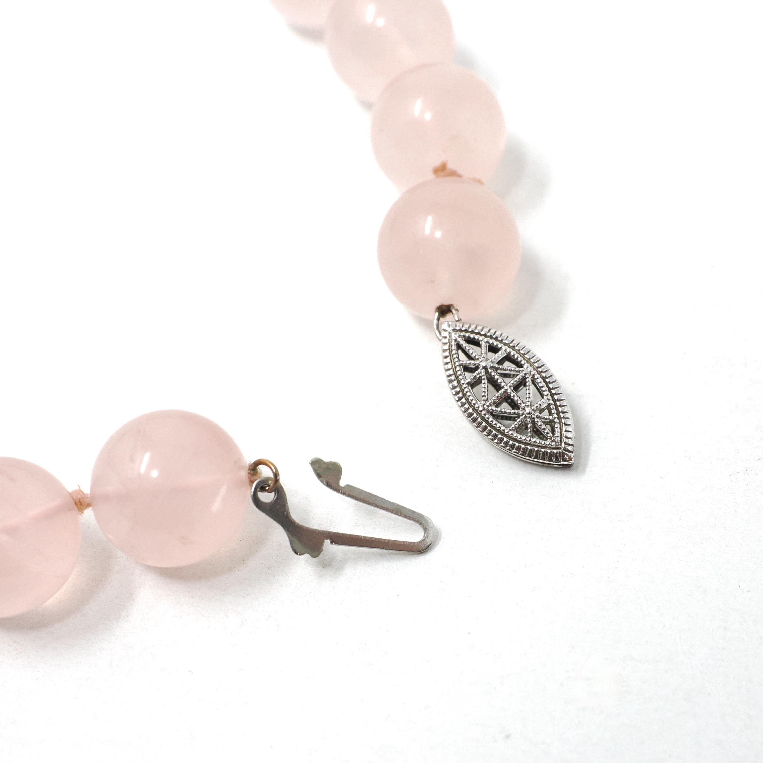 Rose Quartz & Jade Necklace - Mid Century Era Sterling Silver Tumbled Pink Bead And Green Disc Knotted Strand - Circa 1950s Fashion Jewelry