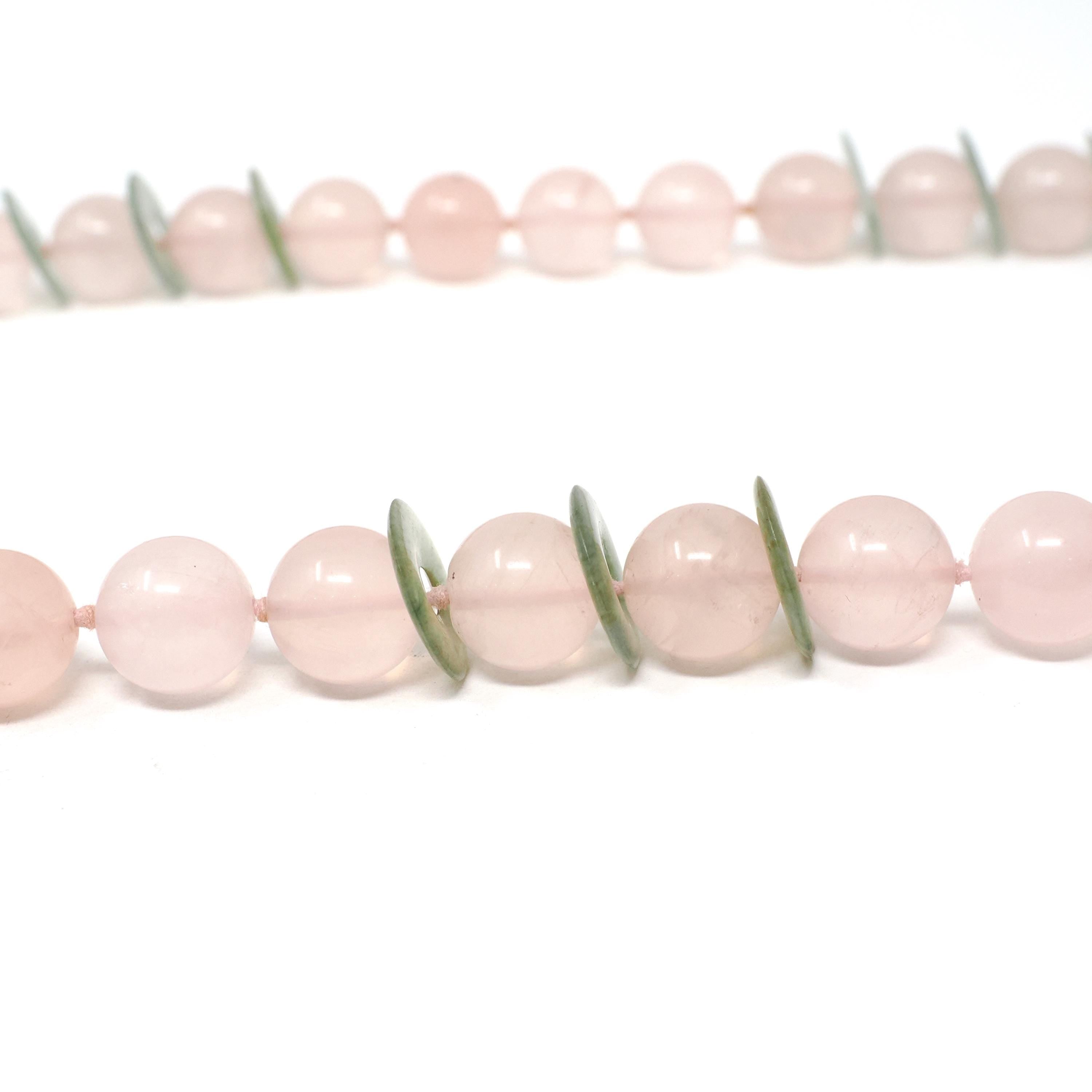 Rose Quartz & Jade Necklace - Mid Century Era Sterling Silver Tumbled Pink Bead And Green Disc Knotted Strand - Circa 1950s Fashion Jewelry