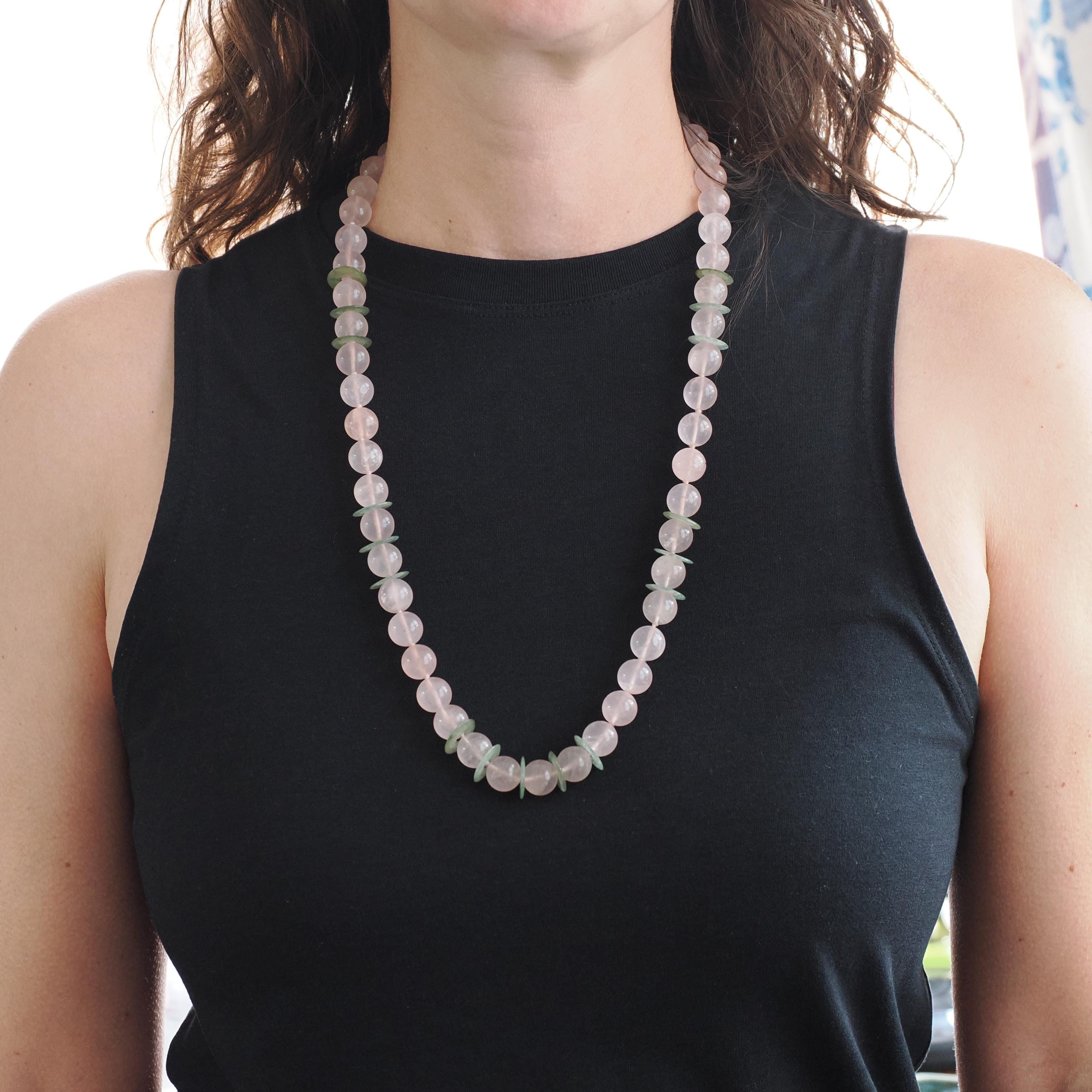 Rose Quartz & Jade Necklace - Mid Century Era Sterling Silver Tumbled Pink Bead And Green Disc Knotted Strand - Circa 1950s Fashion Jewelry