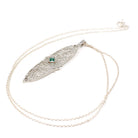 Art Deco Necklace - Vintage 10k White Gold Green Glass Simulated Emerald Conversion Pendant - Circa 1930s Statement Filigree Fine Jewelry