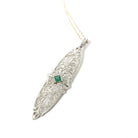 Art Deco Necklace - Vintage 10k White Gold Green Glass Simulated Emerald Conversion Pendant - Circa 1930s Statement Filigree Fine Jewelry