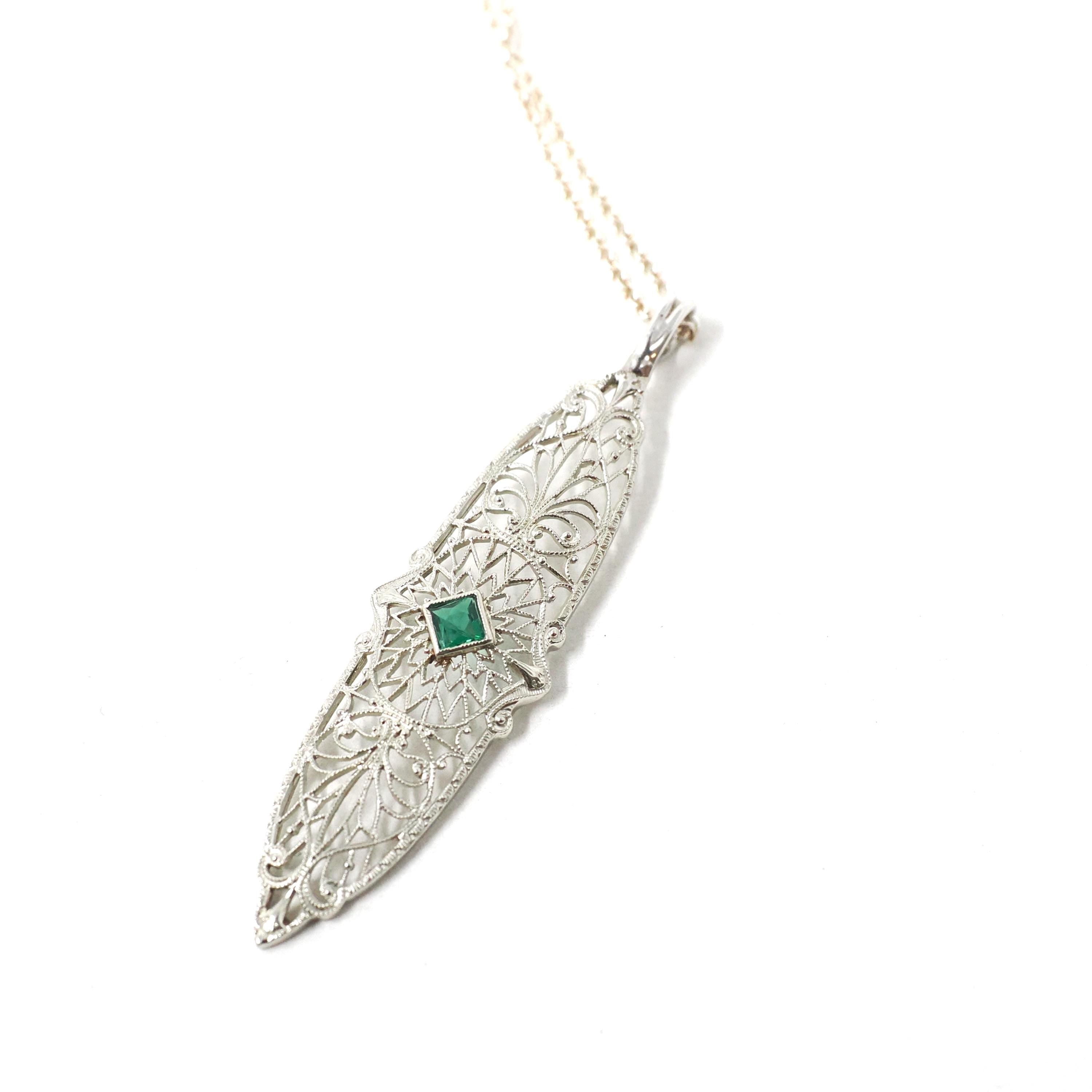Art Deco Necklace - Vintage 10k White Gold Green Glass Simulated Emerald Conversion Pendant - Circa 1930s Statement Filigree Fine Jewelry