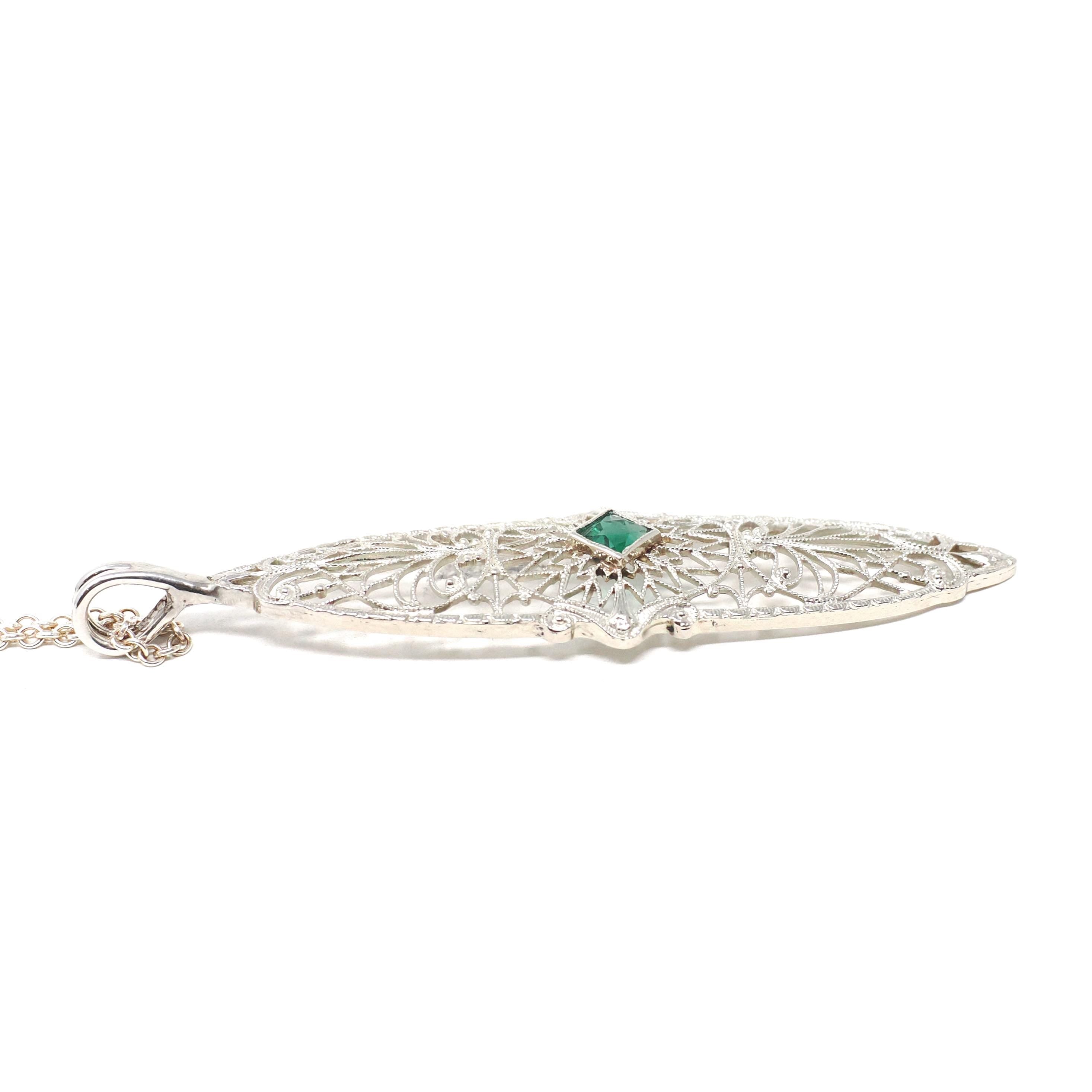 Art Deco Necklace - Vintage 10k White Gold Green Glass Simulated Emerald Conversion Pendant - Circa 1930s Statement Filigree Fine Jewelry