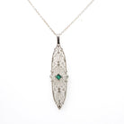 Art Deco Necklace - Vintage 10k White Gold Green Glass Simulated Emerald Conversion Pendant - Circa 1930s Statement Filigree Fine Jewelry