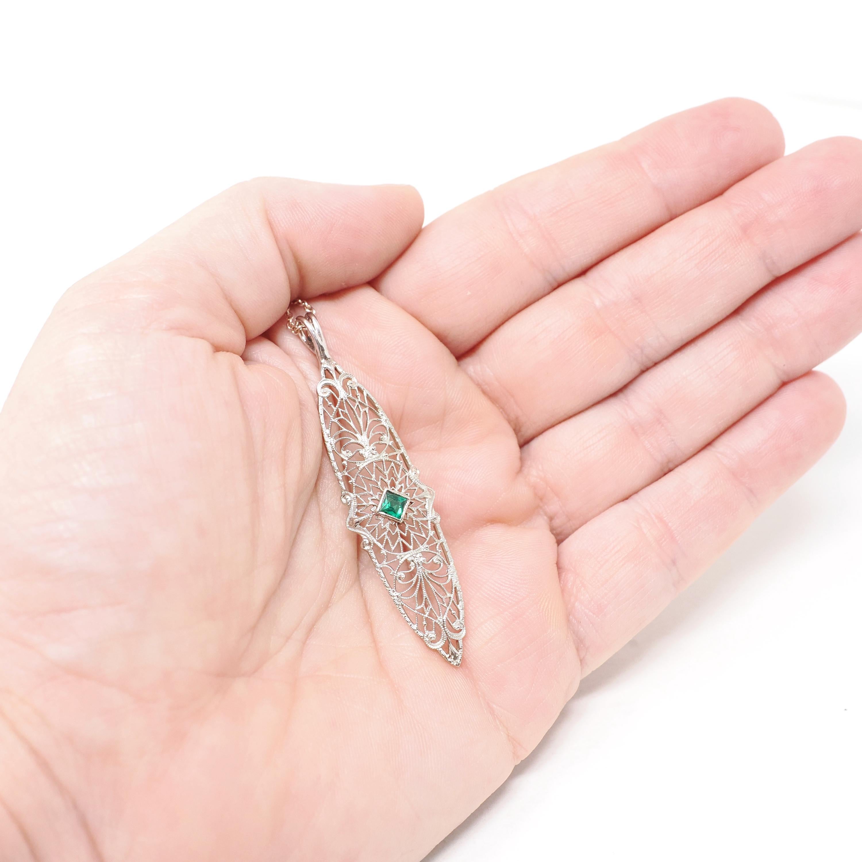 Art Deco Necklace - Vintage 10k White Gold Green Glass Simulated Emerald Conversion Pendant - Circa 1930s Statement Filigree Fine Jewelry