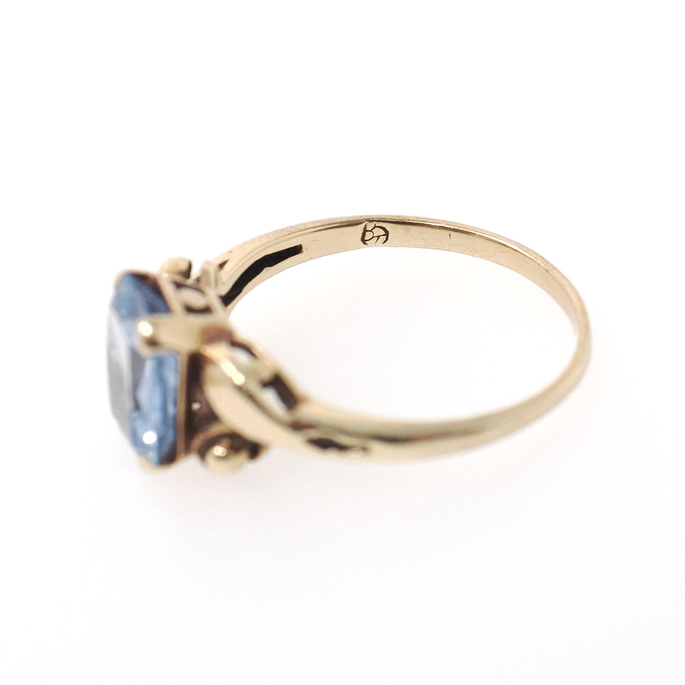 Created Spinel Ring - Retro 10k Yellow Gold Emerald Cut 1.93 CT Blue Stone - Vintage Circa 1940s Era Size 5 1/2 Statement Fine 40s Jewelry