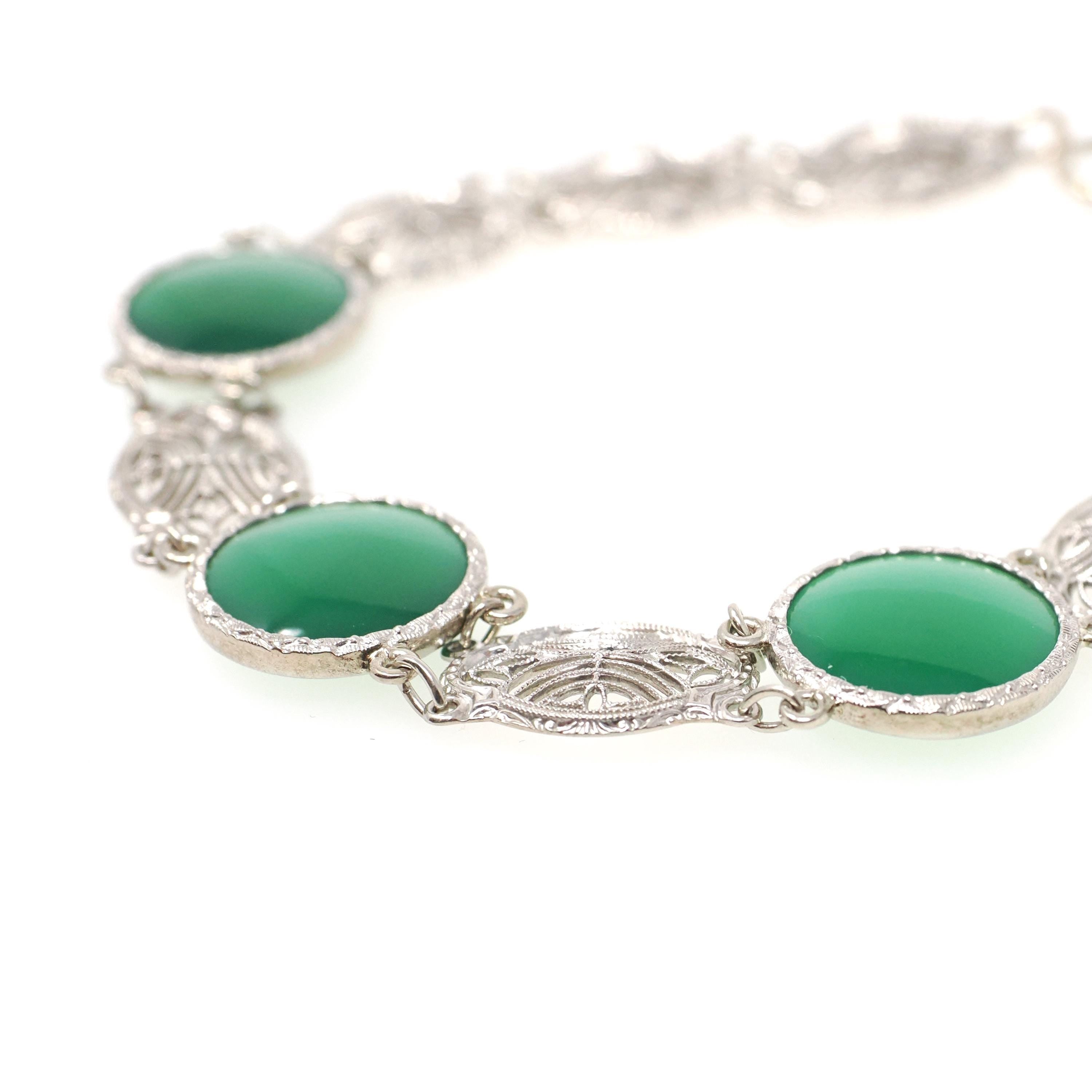 Green Chalcedony Filigree Bracelet - Art Deco 14k White Gold Round Cab Gemstone Panel Links - Circa 1930s 7 1/2 Inch Fine Floral Jewelry