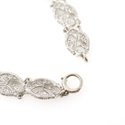 Green Chalcedony Filigree Bracelet - Art Deco 14k White Gold Round Cab Gemstone Panel Links - Circa 1930s 7 1/2 Inch Fine Floral Jewelry