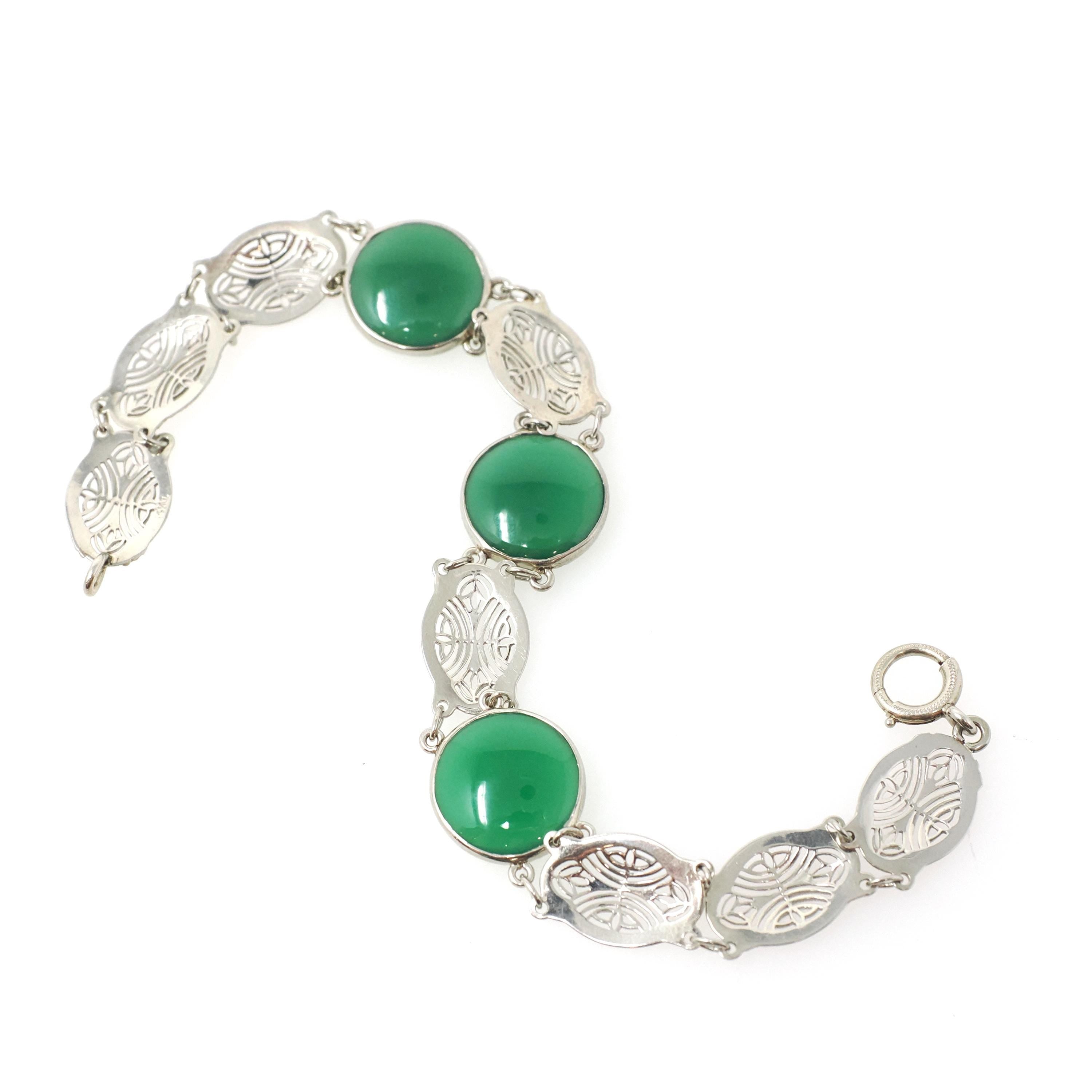 Green Chalcedony Filigree Bracelet - Art Deco 14k White Gold Round Cab Gemstone Panel Links - Circa 1930s 7 1/2 Inch Fine Floral Jewelry