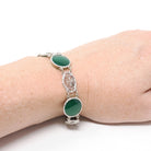 Green Chalcedony Filigree Bracelet - Art Deco 14k White Gold Round Cab Gemstone Panel Links - Circa 1930s 7 1/2 Inch Fine Floral Jewelry