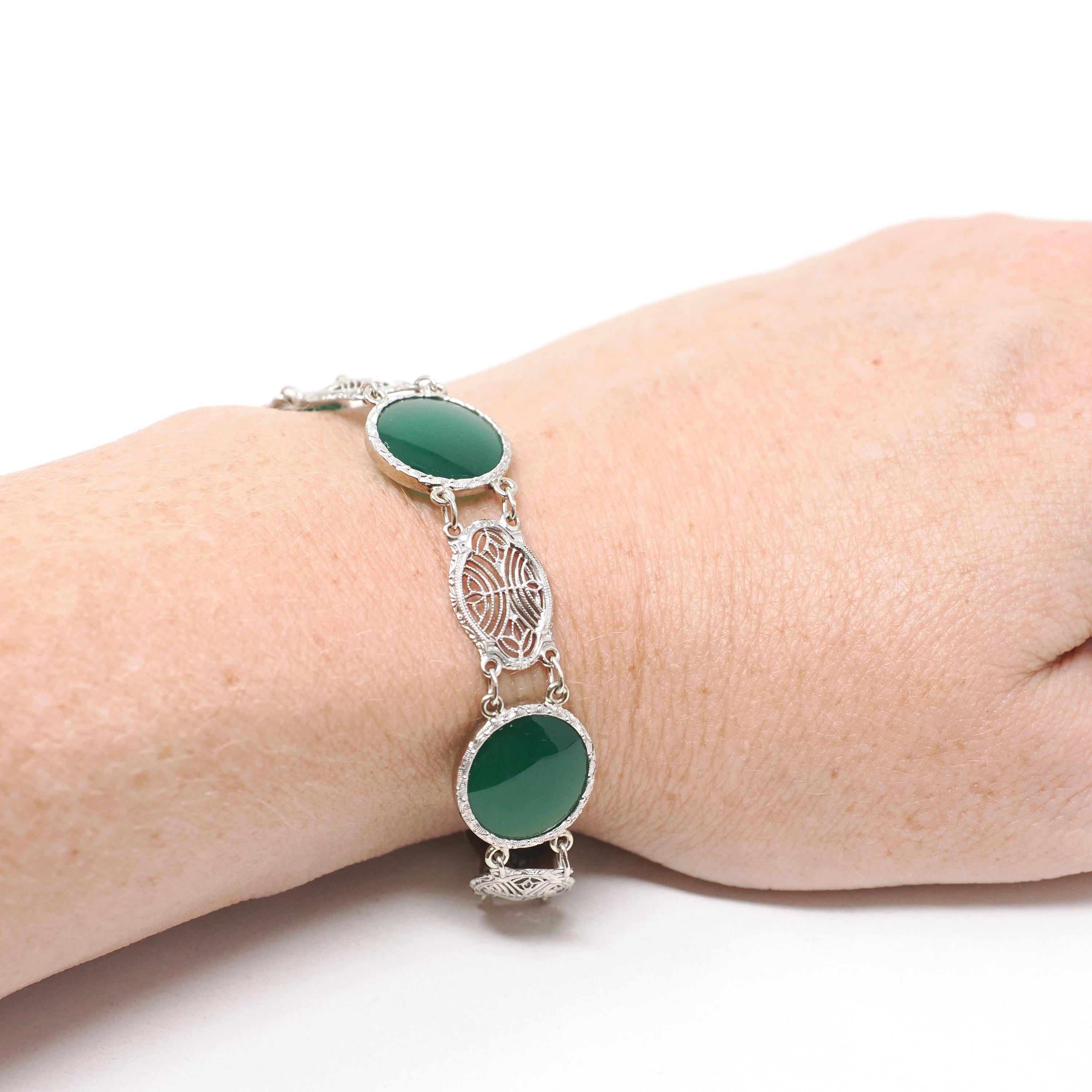 Green Chalcedony Filigree Bracelet - Art Deco 14k White Gold Round Cab Gemstone Panel Links - Circa 1930s 7 1/2 Inch Fine Floral Jewelry