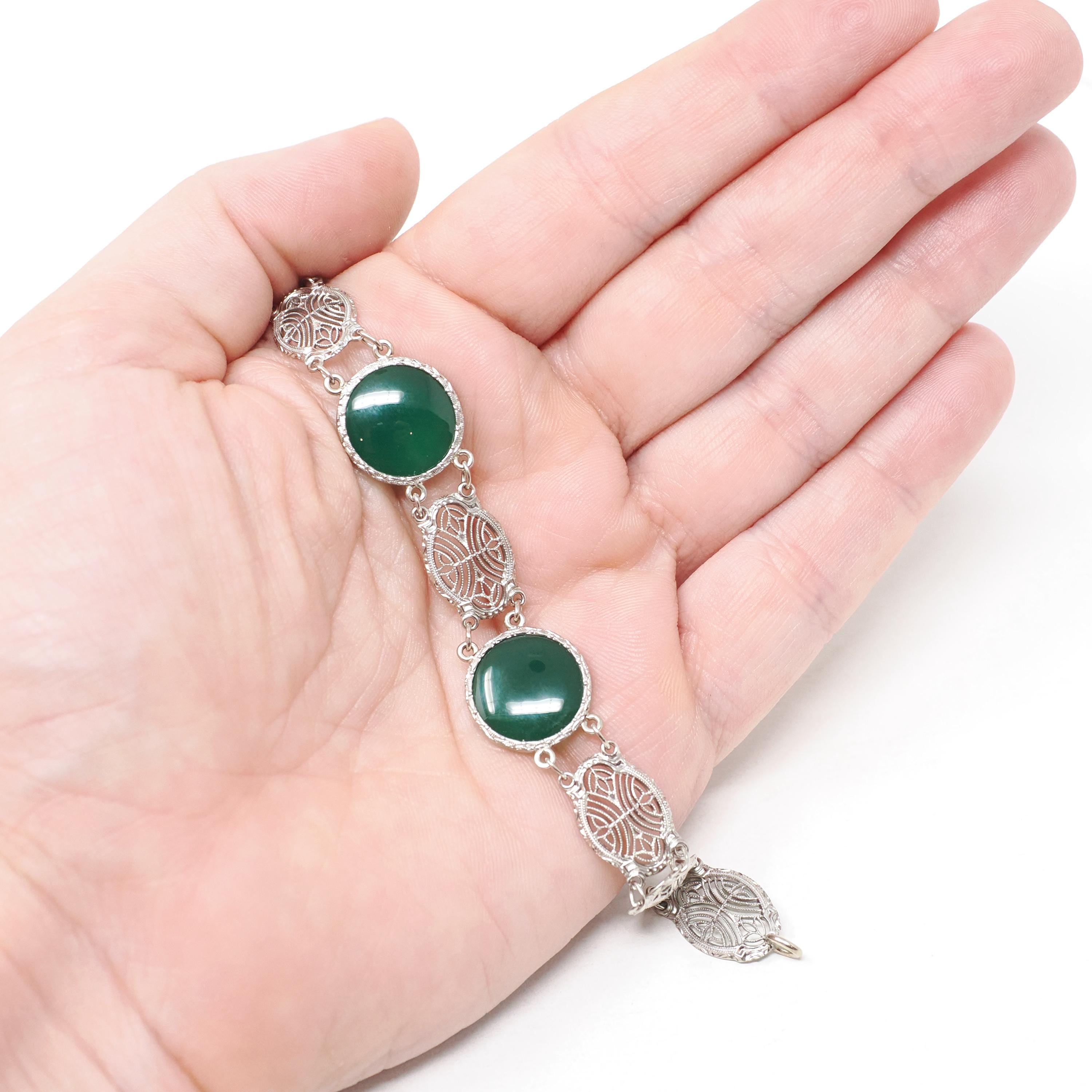 Green Chalcedony Filigree Bracelet - Art Deco 14k White Gold Round Cab Gemstone Panel Links - Circa 1930s 7 1/2 Inch Fine Floral Jewelry