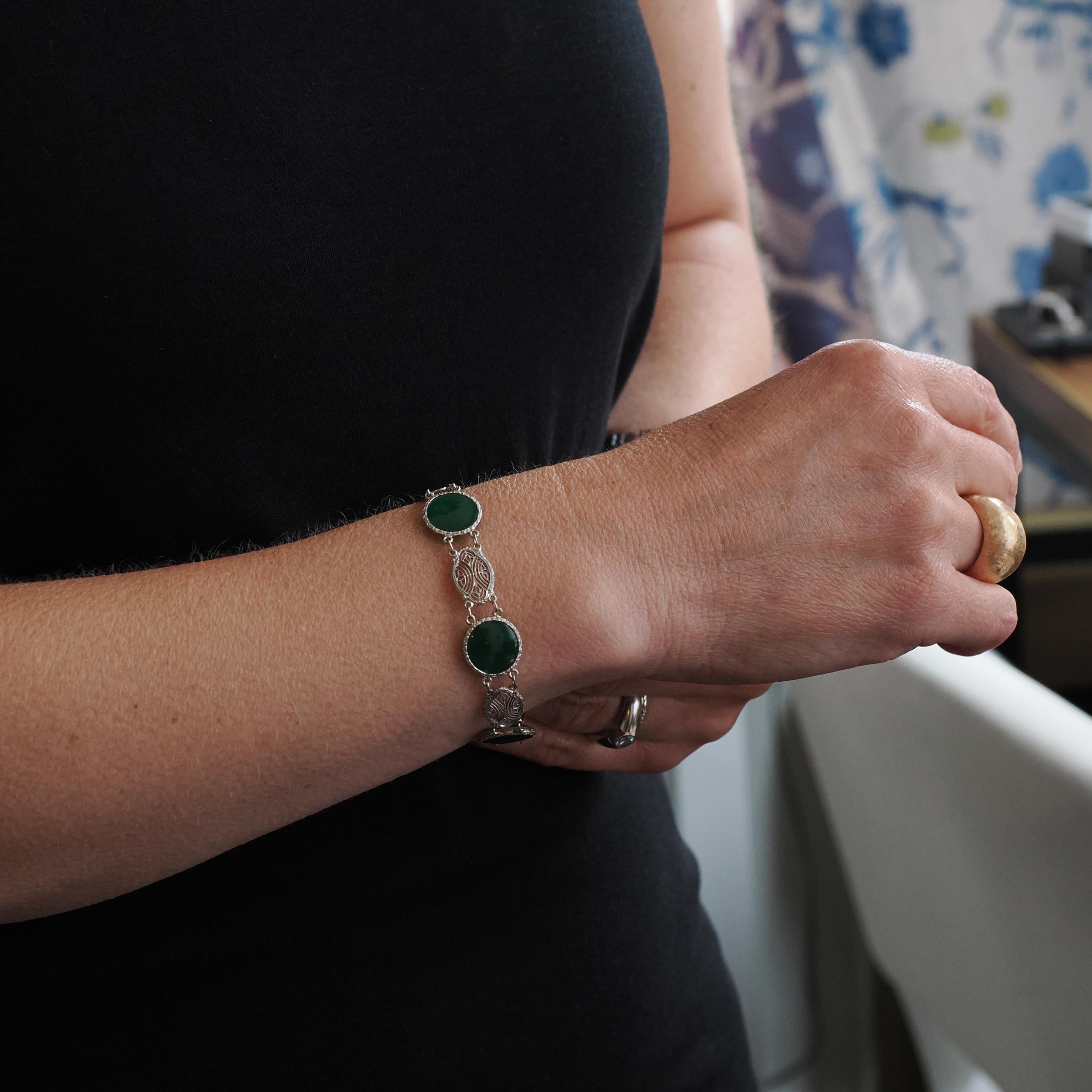 Green Chalcedony Filigree Bracelet - Art Deco 14k White Gold Round Cab Gemstone Panel Links - Circa 1930s 7 1/2 Inch Fine Floral Jewelry